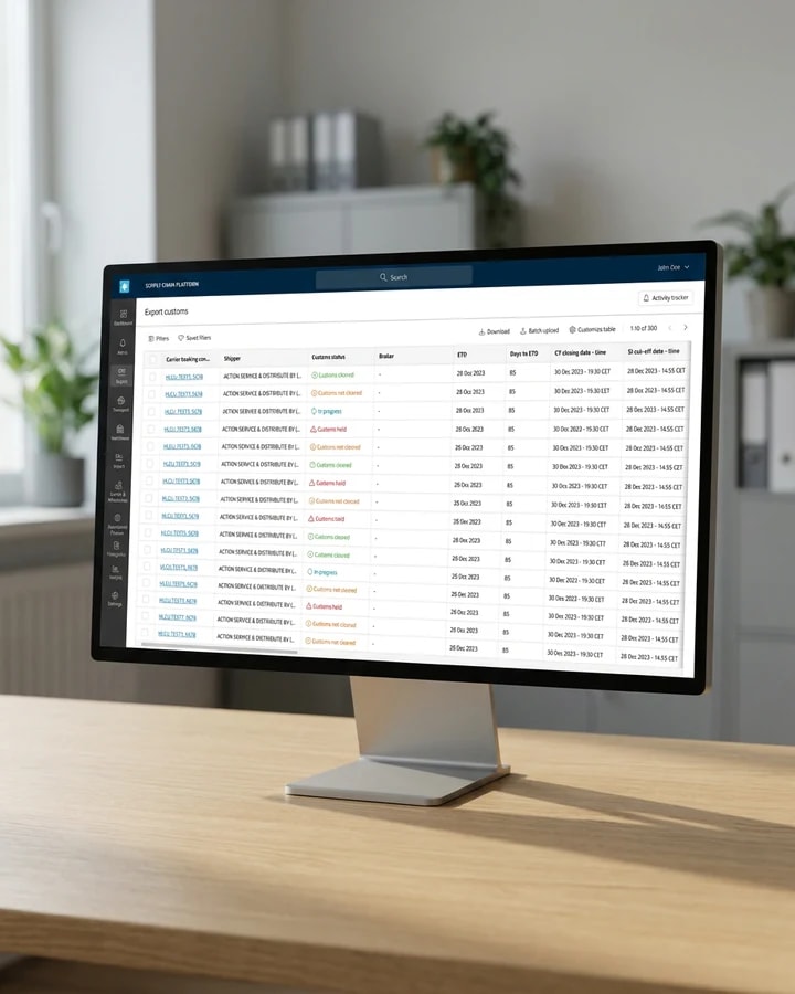 A desktop monitor on an oak desk showing the Maersk export customs page: a table of carrier bookings with a customs status on every row.